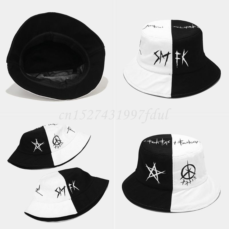 Moda Unisex Siyah Beyaz Renk Blok Kova Şapka Yıldız Göz Grafiti Baskılı Balıkçı Şapkası_voghion.com