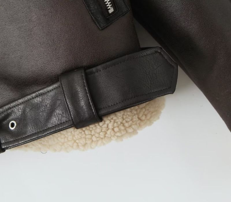 Blouson aviateur en fausse fourrure pour femme - Manteau court streetwear tendance avec col à revers, style gothique, coupe ample, fermeture éclair, marron foncé_voghion.com