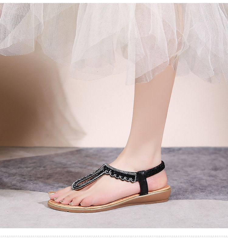 New Bohemian Sandals Round Head Flat Sandals Women's Rhinestone Large Size Women's Sandals_voghion.com