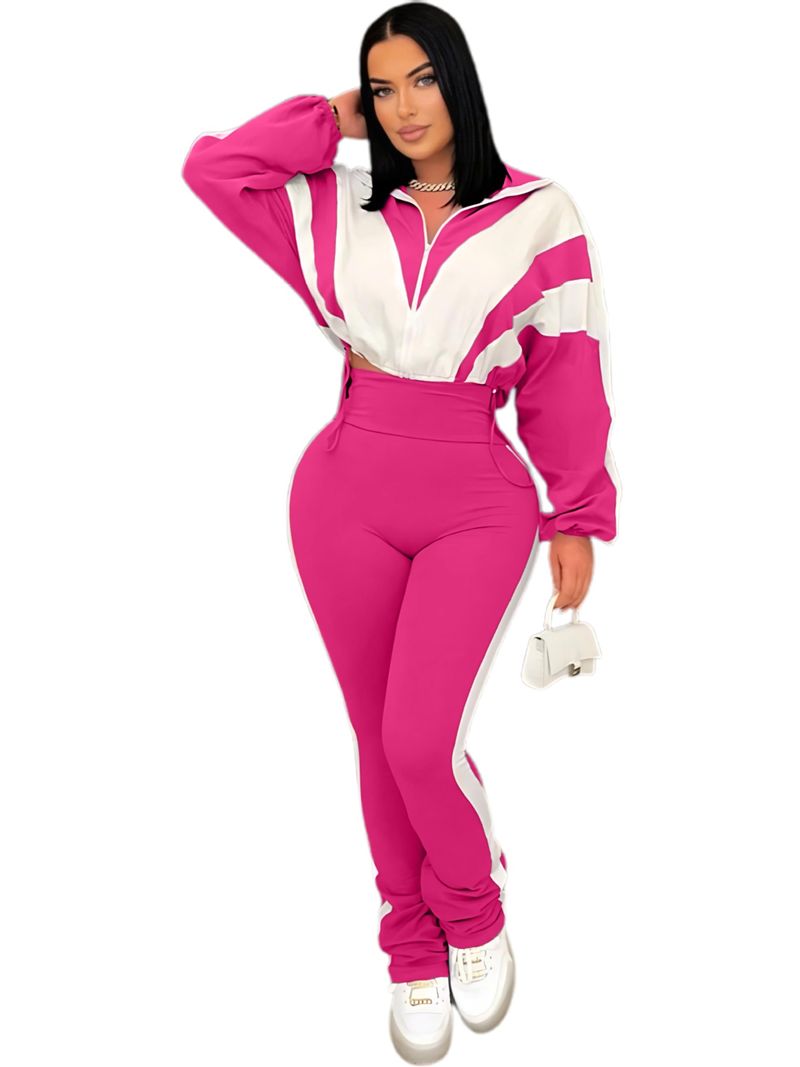 Women's Color Block Tracksuit Set - High Waist Lounge Pants + Zip Hoodie | Streetwear Outfit | Stretchy Polyester Blend | S-XXL_voghion.com