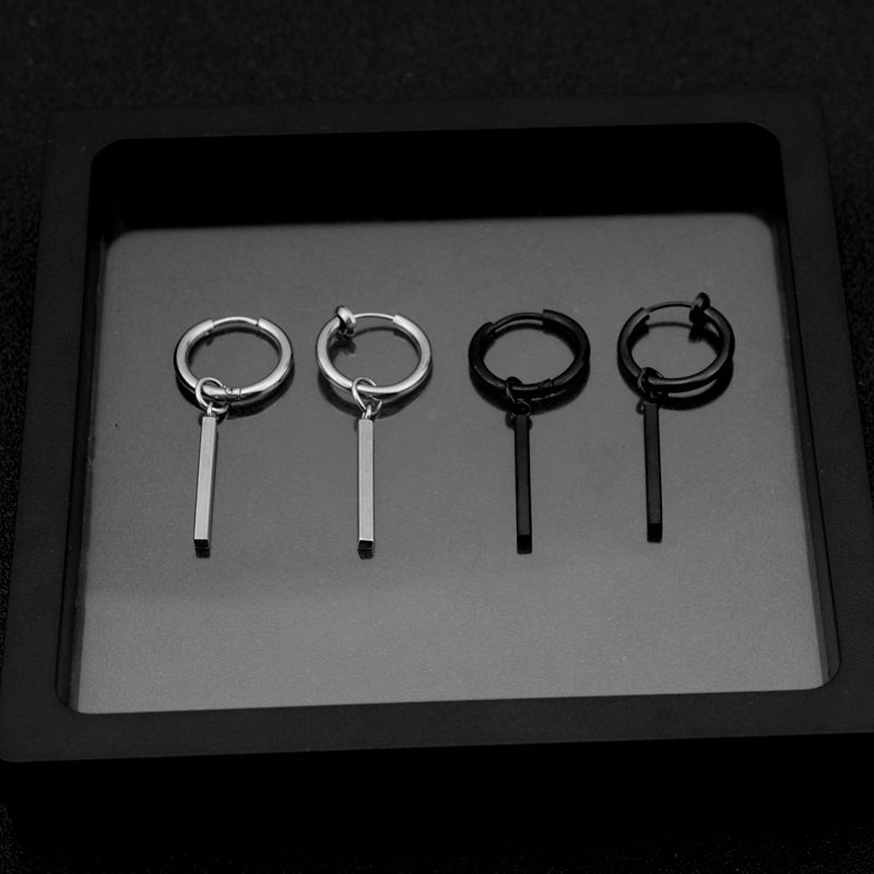 Titanium Earrings Hip Hop Punk Square Bar Stud Stainless Steel Long Strip Unisex Style Ins No Piercing Ear Clips_voghion.com