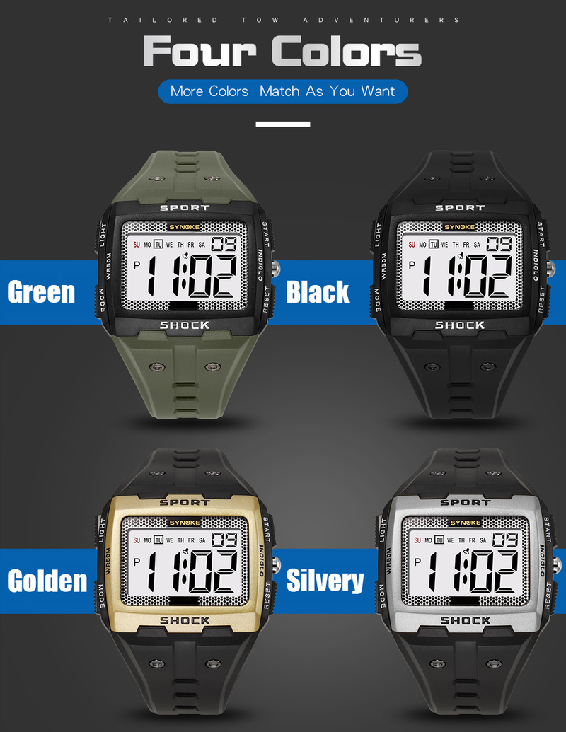Large Screen Square Outdoor Sports Watch For Men - Waterproof, Shockproof, LED Backlight, Stopwatch, Alarm, Perfect For Running, Camping, Hiking_voghion.com