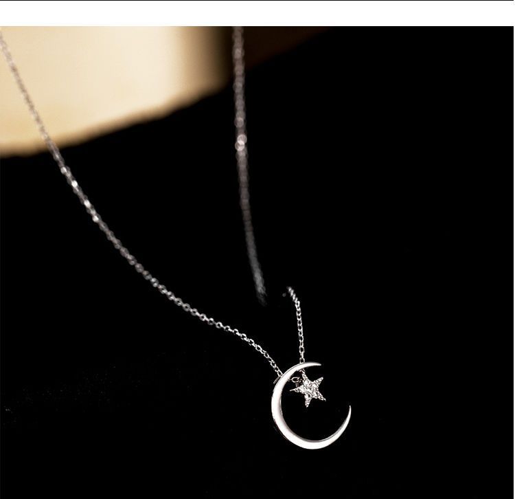Collana con stella e luna per donna, argento puro, ciondolo dal design di nicchia, stile Ins, semplice e alla moda, clavicola leggera e lussuosa_voghion.com