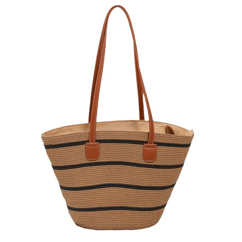 Borsa da spiaggia in rattan intrecciato, nuova, versatile, casual, da donna, a tracolla singola, a righe, in paglia, estiva, grande capacità_voghion.com