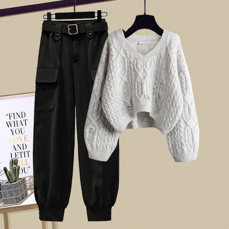 Conjunto de outono feminino plus size – moletom moderno e calça cargo slim fit (cinza/preto/branco/azul claro/bege, M-4XL)_voghion.com