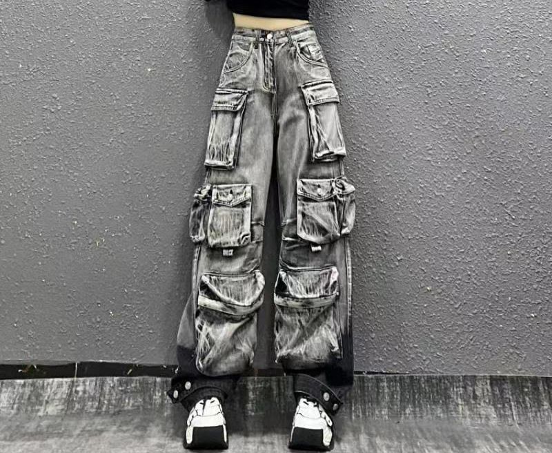 Vêtements pour femmes Nouveau style de rue Grande poche Design Délavé Dégradé Vêtements de travail Pantalon parachutiste Jeans décontractés_voghion.com