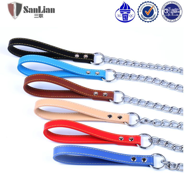 Coleira para animais de estimação com corrente de ferro e couro legítimo, 120 cm, tripla_voghion.com