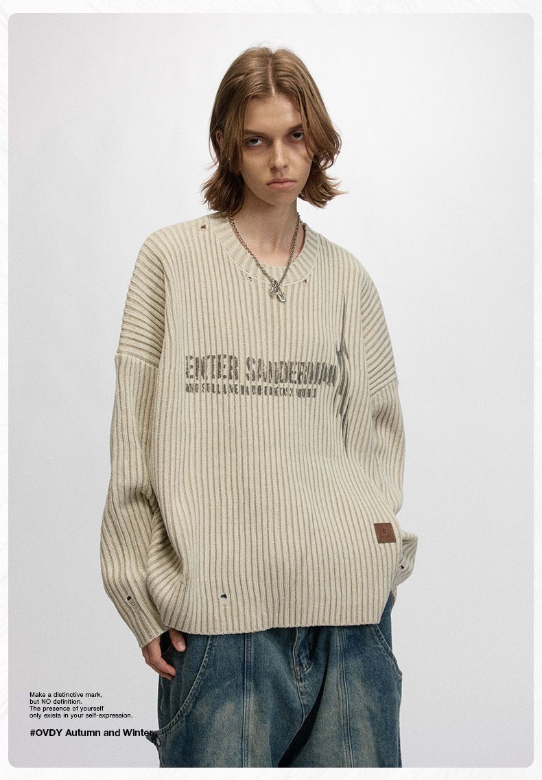 Pull à lettres style American Ins #OVDY avec position d'os ancienne, aiguille vide, pull en tricot début d'automne, unisexe_voghion.com