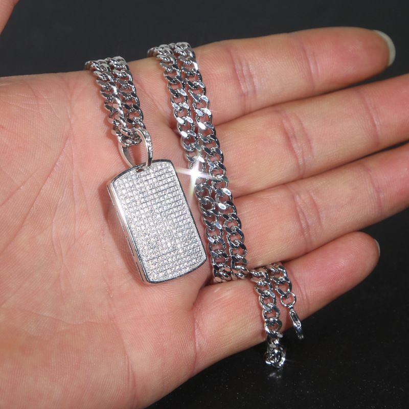 Collier à chaîne cubaine nue en zircon incrusté d'étiquette carrée militaire pour hommes et femmes, bijoux hip-hop_voghion.com