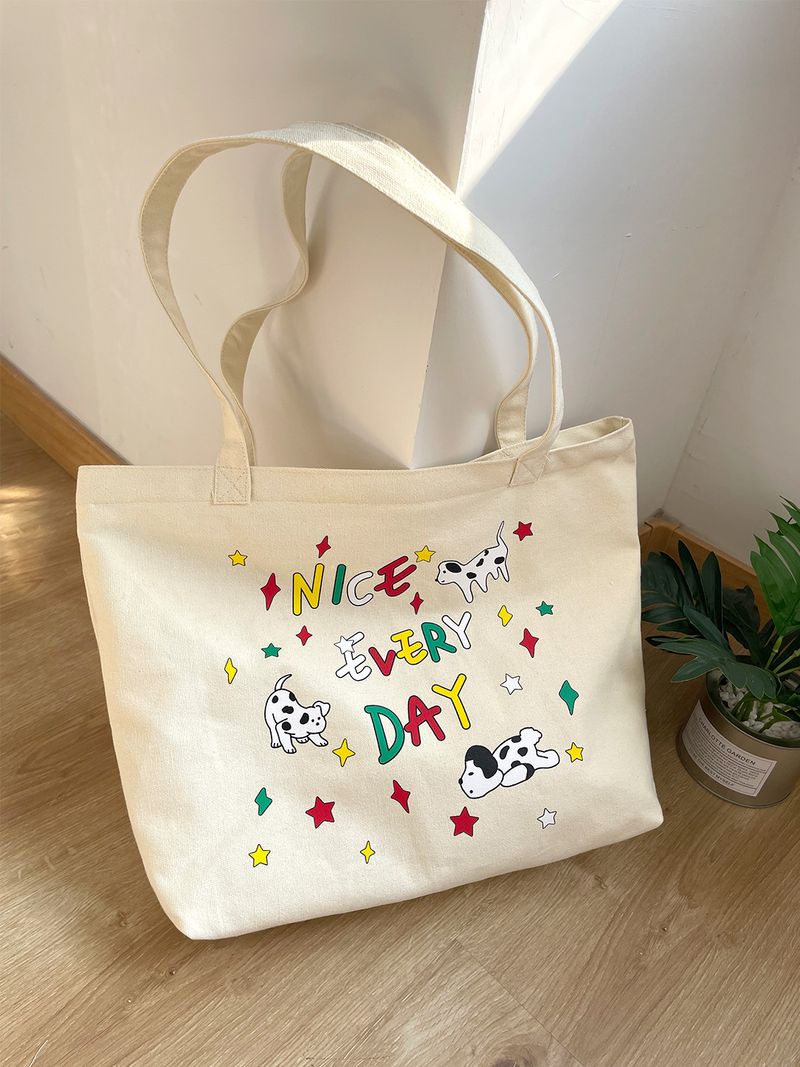 2024 New Student School Cute Illustration Large Capacity Shoulder Zipper Canvas Tote Bag Women_voghion.com