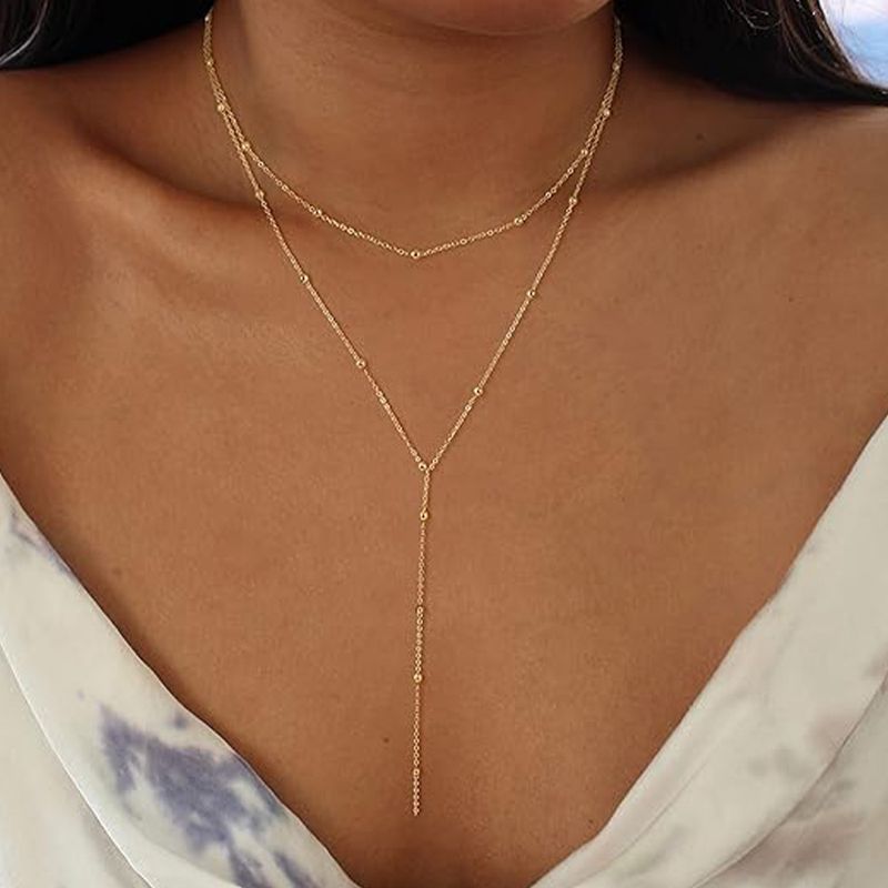 Elegant classic double side bead chain Y shape clavicle chain hot necklace_voghion.com