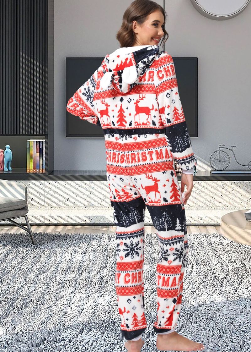 women's Christmas deer snowflake flannel hooded jumpsuit pajamas home clothes_voghion.com