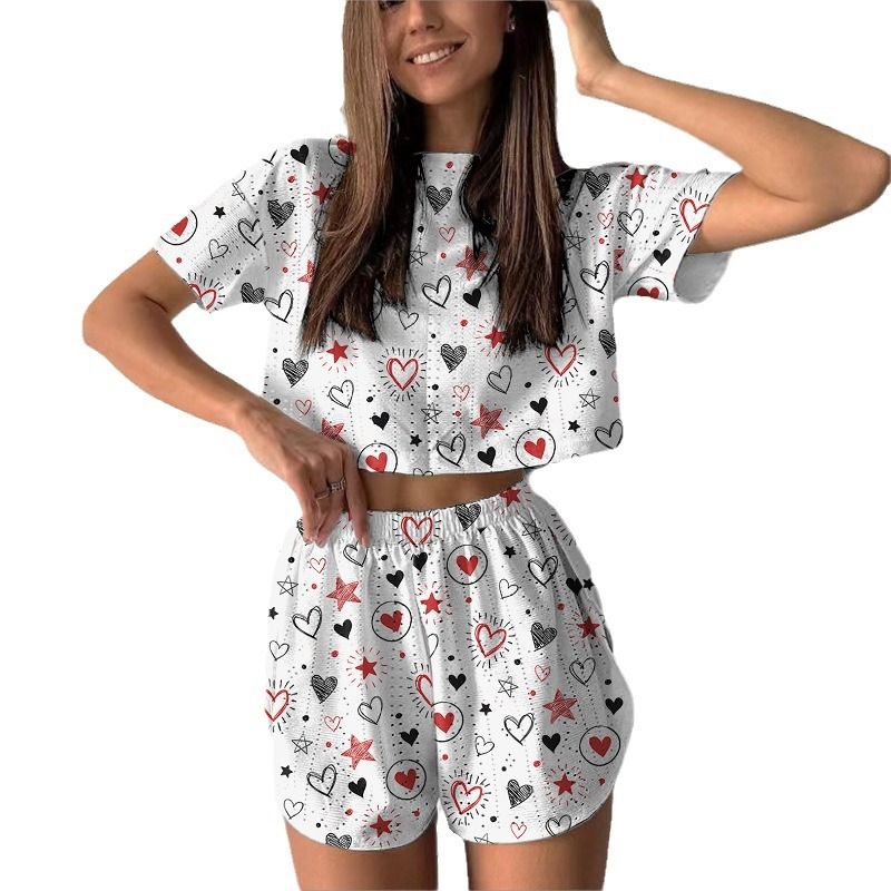 2025 Spring Summer New Sports Casual For Women Printed Hollow Out Split Crop Top Short Two-Piece Set_voghion.com