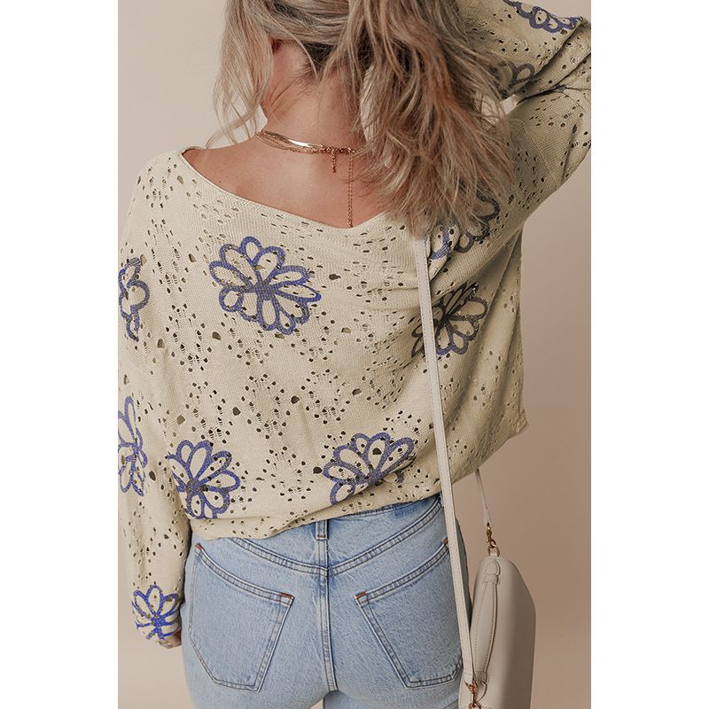 2025 Winter New Floral Print Short Fashionable And Unique Hollow Out Drop Shoulder Knitted Sweater For Women_voghion.com