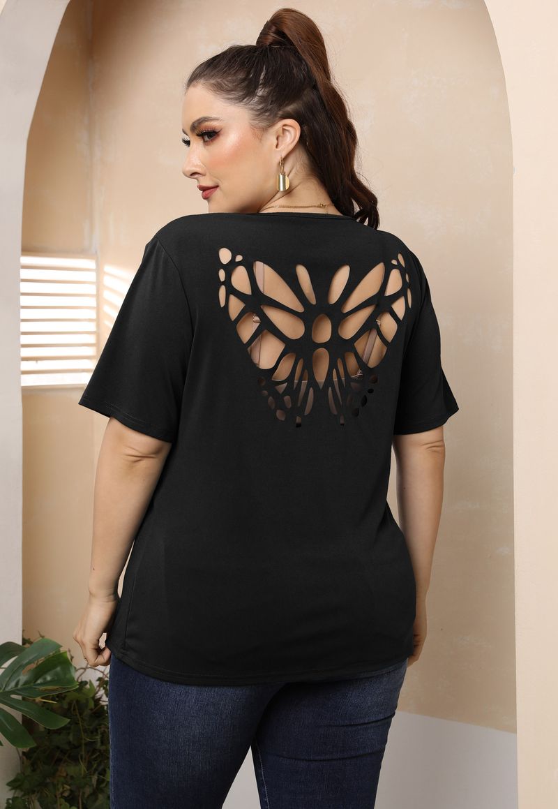 Women's plus size sexy backless butterfly hollowed-out round neck casual t-shirt _voghion.com