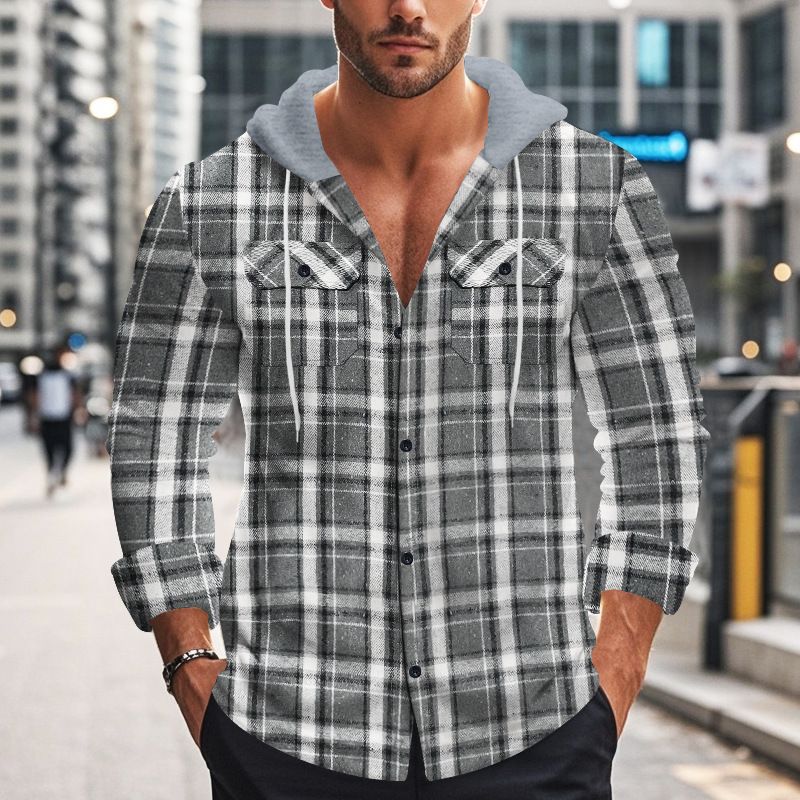 Herrenbekleidung Retro Herbst und Winter Kariertes Hemd Mit Kapuze Flanell Jacquard Freizeithemd_voghion.com