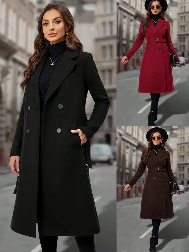 Eleganter, zweireihiger Trenchcoat – Langer Damenmantel aus Wollmischung mit Gürtel, schmal geschnittener Mantel für Herbst/Winter_voghion.com
