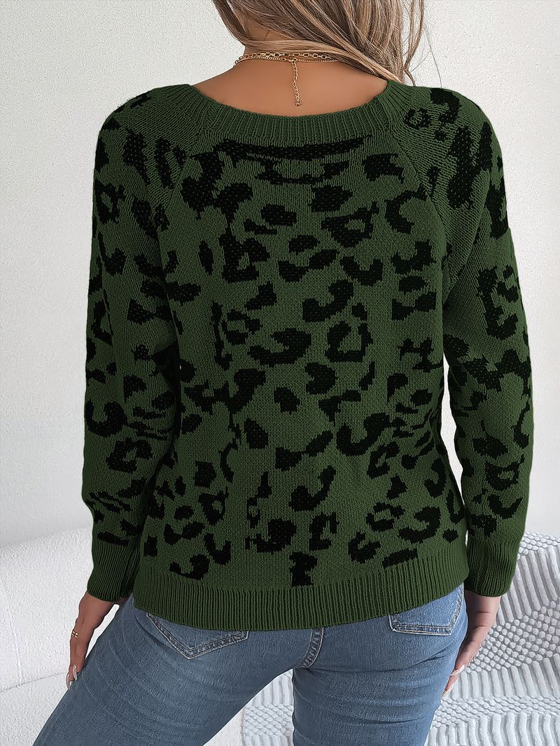 Maglione a maniche lunghe con stampa leopardata, a contrasto, con scollo quadrato, bottoni, casual, autunno e inverno 2024, abbigliamento da donna_voghion.com