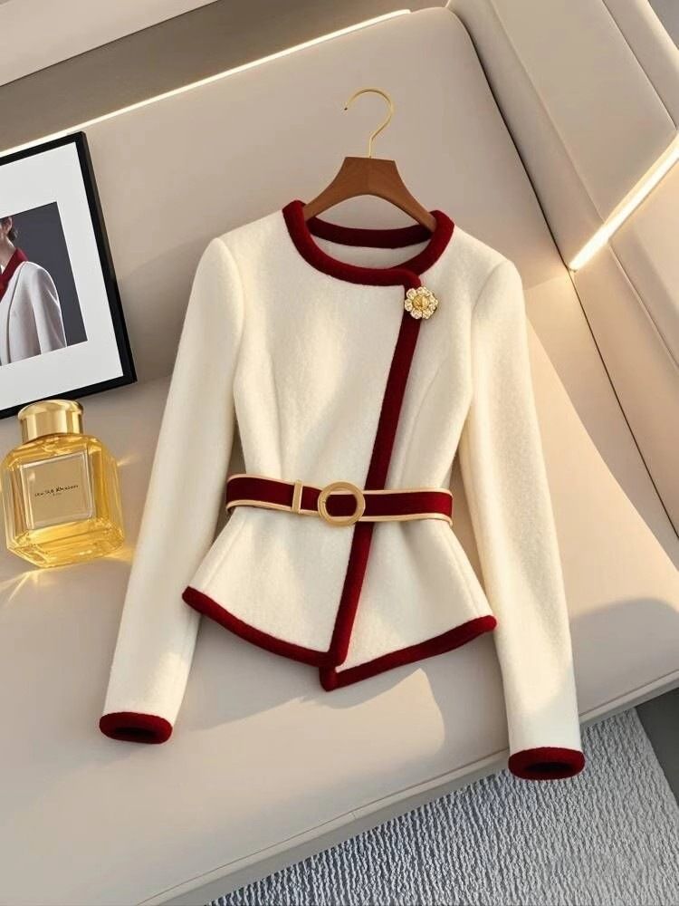 Chaqueta gruesa de estilo contrastante blanco para mujer, estilo de ropa de otoño, diseño irregular, cintura superior_voghion.com