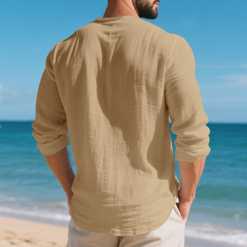 Grenzüberschreitendes Herbstneuprodukt Amerikanisches lockeres, einfarbiges Leinen-Lässiges Herren-T-Shirt mit V-Ausschnitt und großem Langarm_voghion.com