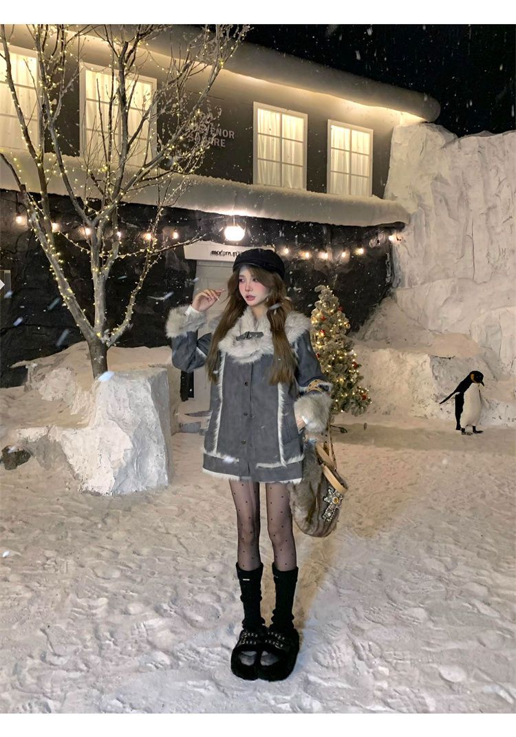 Grau Kran Silber Schnee Winter Neue frauen Anzug Elegante Pelzigen Patchwork High-end-Mantel Vielseitig Mode Shorts_voghion.com