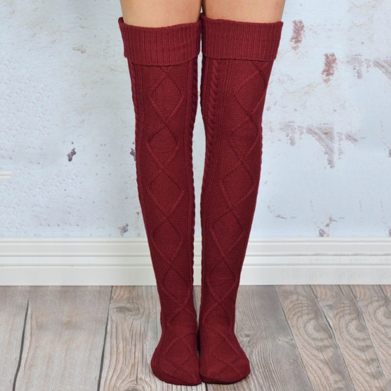Calcetines de lana de punto para mujer, con borde enrollado de diamante, color liso, holgados, por encima de la rodilla, otoño e invierno, gran oferta, 2025d_voghion.com