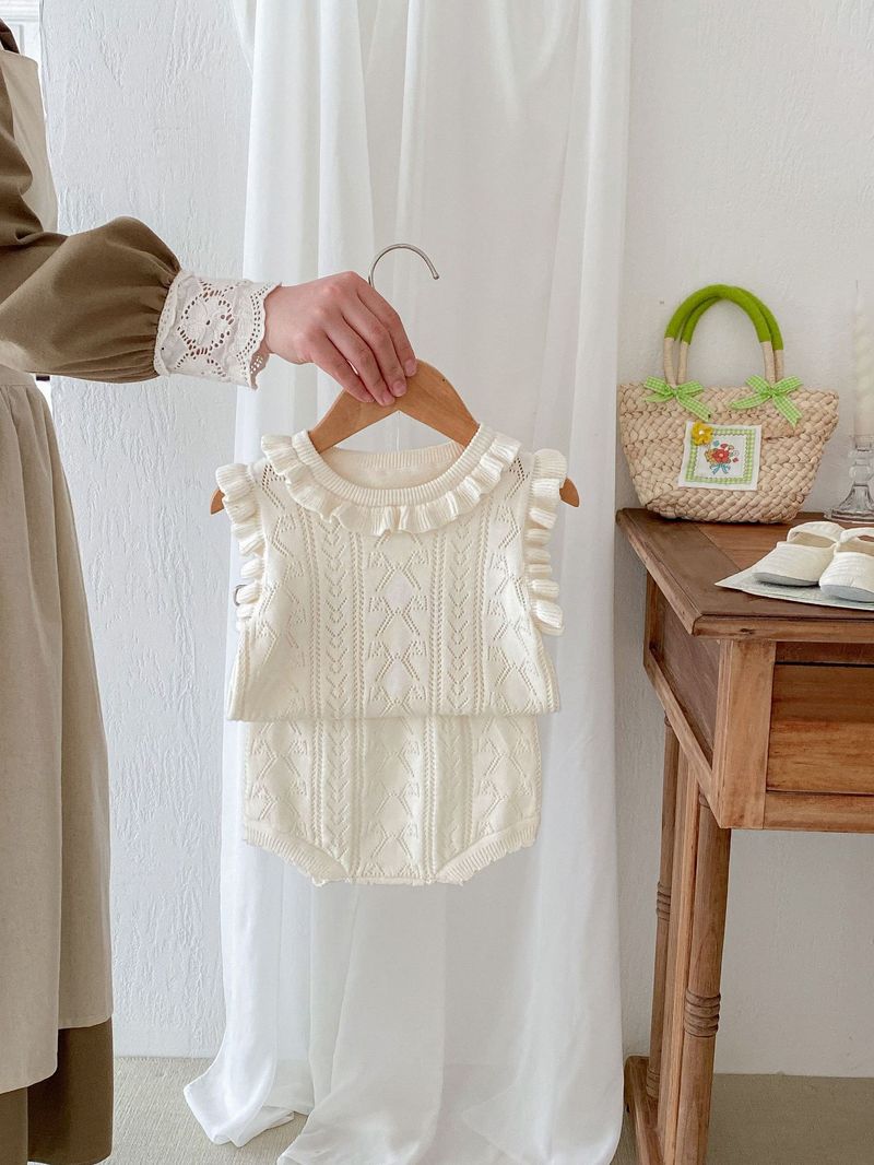 Vêtements d'été pour bébés filles, version coréenne, pull tricoté, col en dentelle, haut, short, ensemble princesse fin_voghion.com