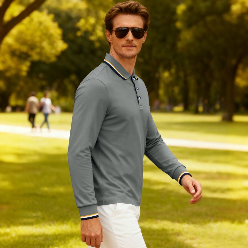 Men's Breathable Jacquard Polo Shirt - Loose Fit Long Sleeve Casual Top For Golf & Everyday Wear_voghion.com