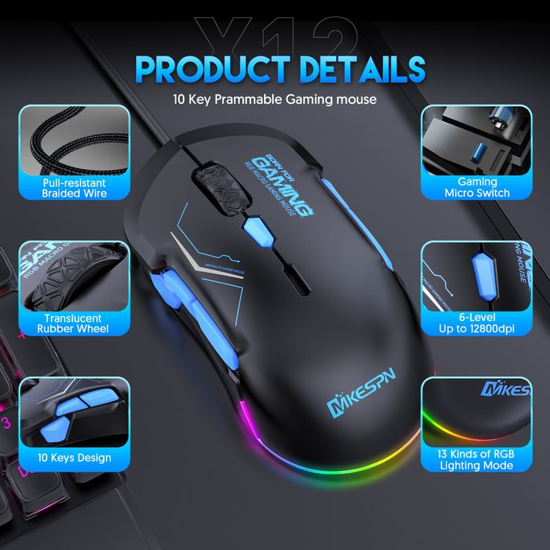Gaming Hochpräzises Design Lichteffekt DPI einstellbar 10 programmierbare Tasten Plug Play Kabelgebundene Computermaus mit_voghion.com