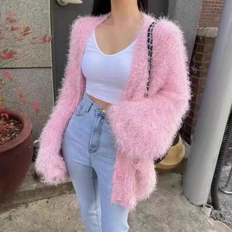 Women's Clothing Solid Color Imitation Mink Sweater Women's V-Neck Knit Cardigan - Lightweight & Stylish Open Front Sweater For Casual & Chic Outfits_voghion.com