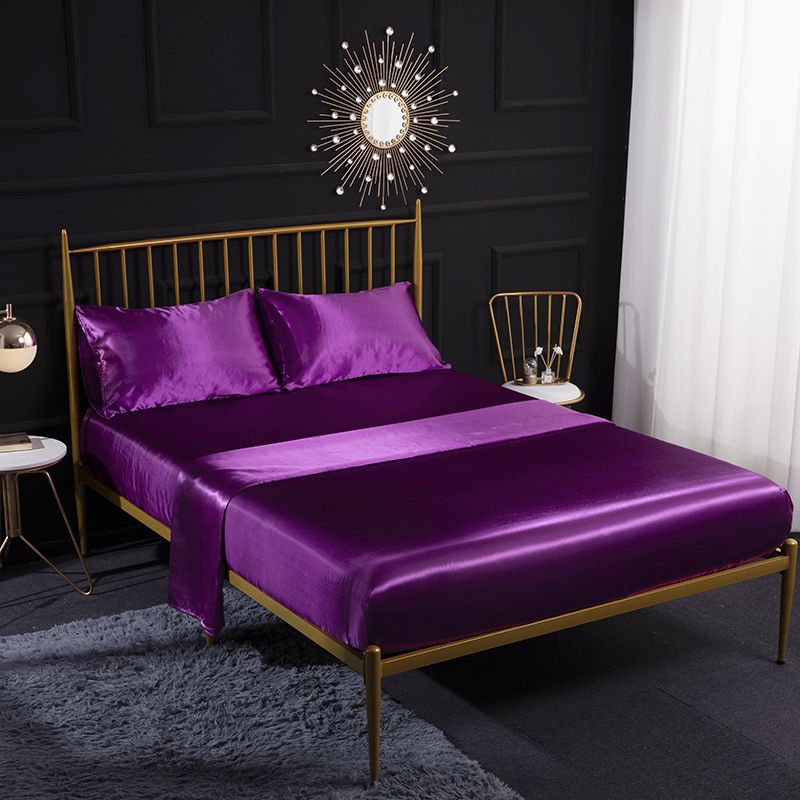 Pure color satin summer ice silk bed sheet pillowcase silk four piece set_voghion.com