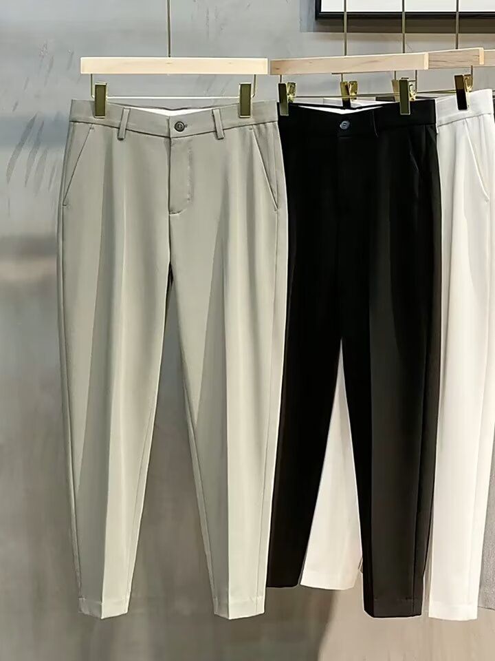 Vêtements pour hommes Pantalon stretch de printemps Pantalon décontracté à neuf points pour homme Pantalon de costume formel d'affaires droit slim noir pour homme_voghion.com