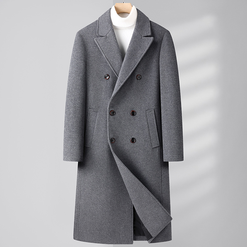 Otoño Invierno nuevo abrigo de lana para hombres rompevientos botón de doble botonadura sección larga sobre la rodilla abrigo para hombres_voghion.com