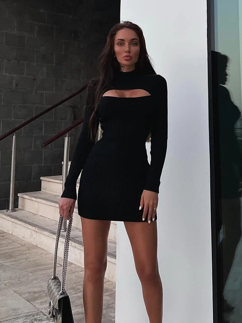 Abito in maglia a maniche lunghe, autunno e inverno, nuovo stile, sexy, aderente e corto_voghion.com