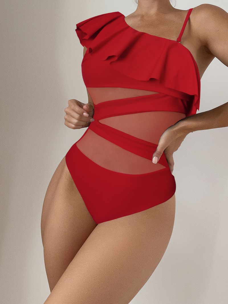2025 nou, lemn multicolor, marginea urechii, plasă cu un umăr, costum de baie sexy dintr-o singură bucată, bikini pentru comerț exterior european și american_voghion.com