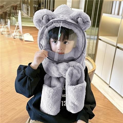 2025 Windproof And Warm Plush Hat New Protective Mask For Boys And Girls Children's Scarf Gloves Integrated Hat_voghion.com
