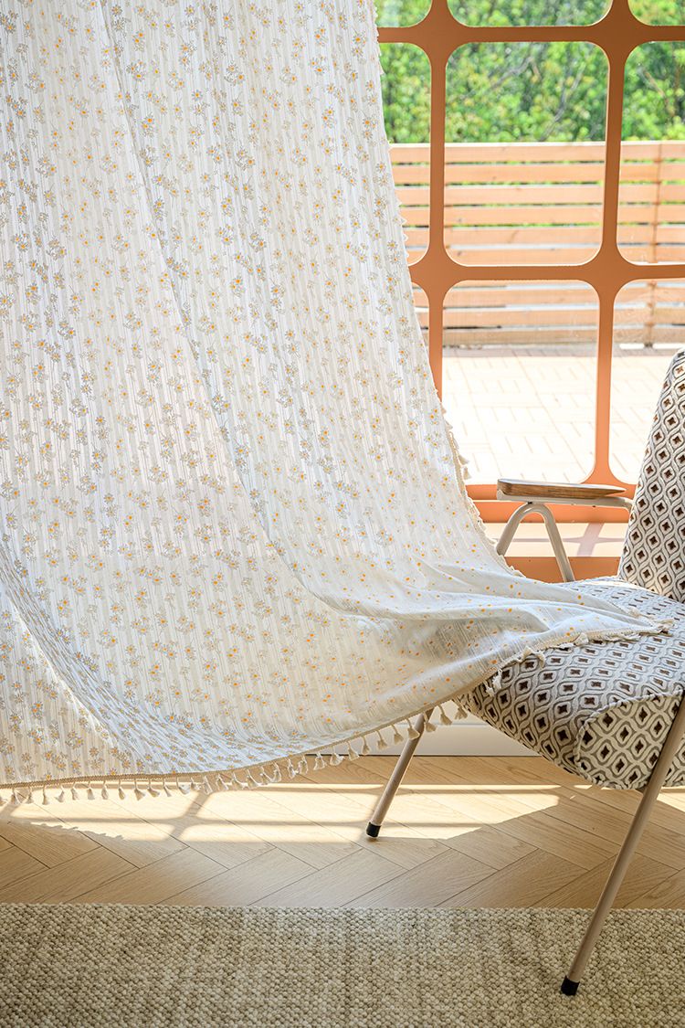 Cortinas de algodón semitransparentes de estilo japonés, sin perforaciones, con ganchos y ojales, con estampado floral bohemio y garabatos para sala de estar y dormitorio._voghion.com