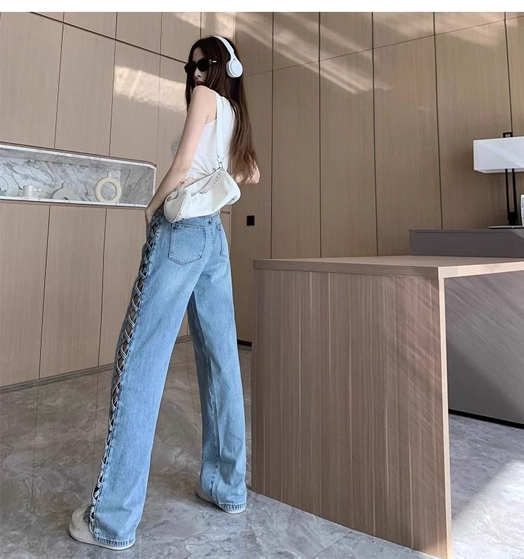 Abbigliamento da donna, design primaverile ed estivo, pantaloni sottili e versatili a vita alta lunghi fino al pavimento_voghion.com