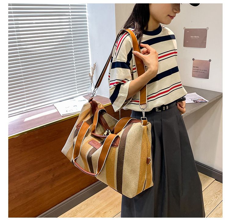 Reisetaschen Neue gestreifte Kurzstrecken-Reisetasche für Damen aus rauem Canvas, Handgepäcktasche, große Kapazität, Schulter-Umhängetasche_voghion.com