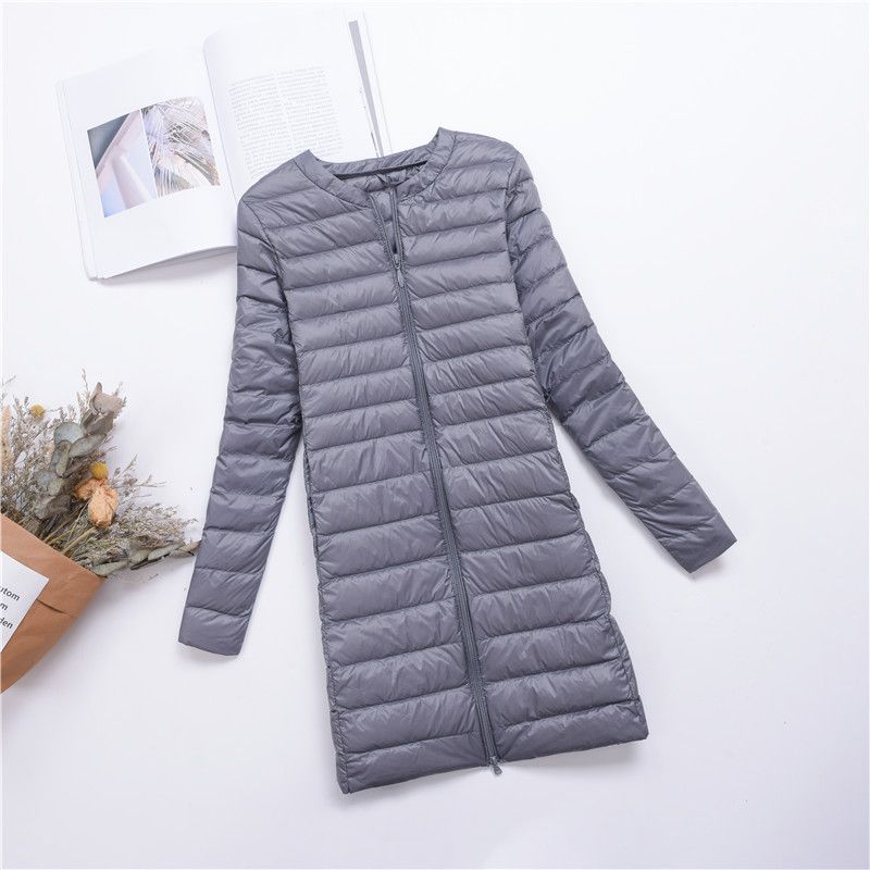 Doudoune longue légère pour femme avec fermeture à boutons-pression, coupe ajustée, col rond, doublure chaude en plumes de canard, manteau mi-long tendance_voghion.com