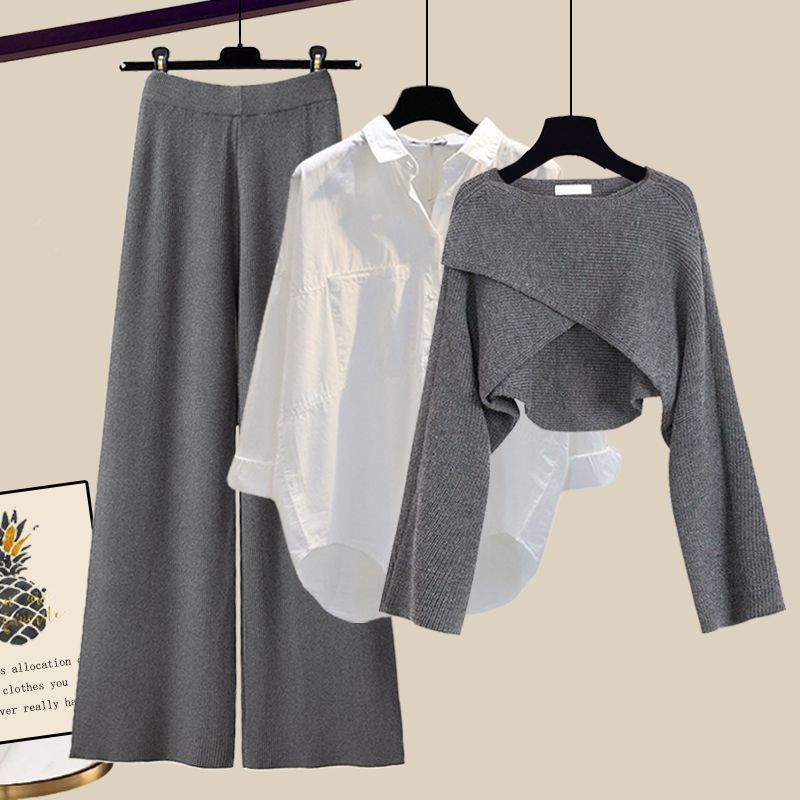 Women’s Clothing Fashion autumn suit women sweater women new large size women's shirt wide leg pants three piece knitted slim_voghion.com