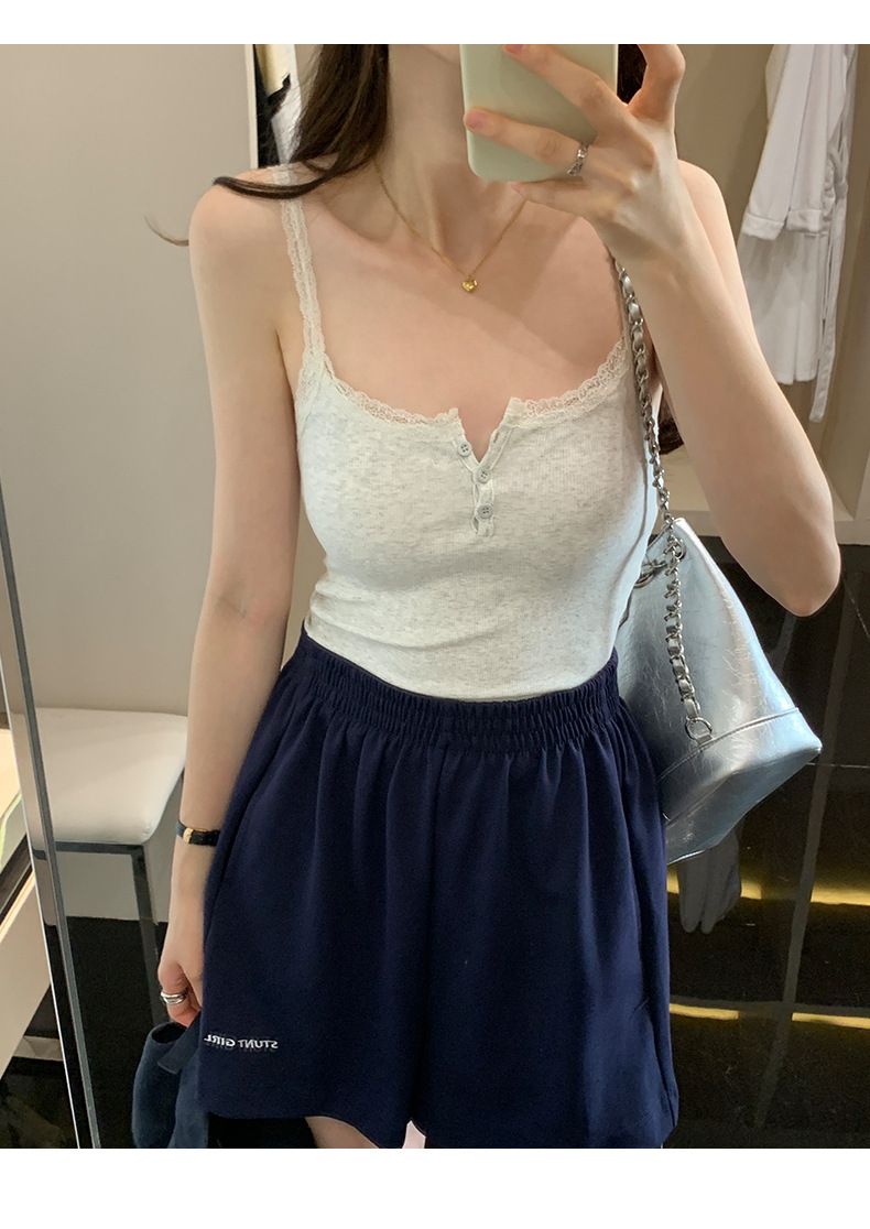 Canotta sexy in pizzo francese in stile europeo, top corto aderente senza maniche da donna_voghion.com