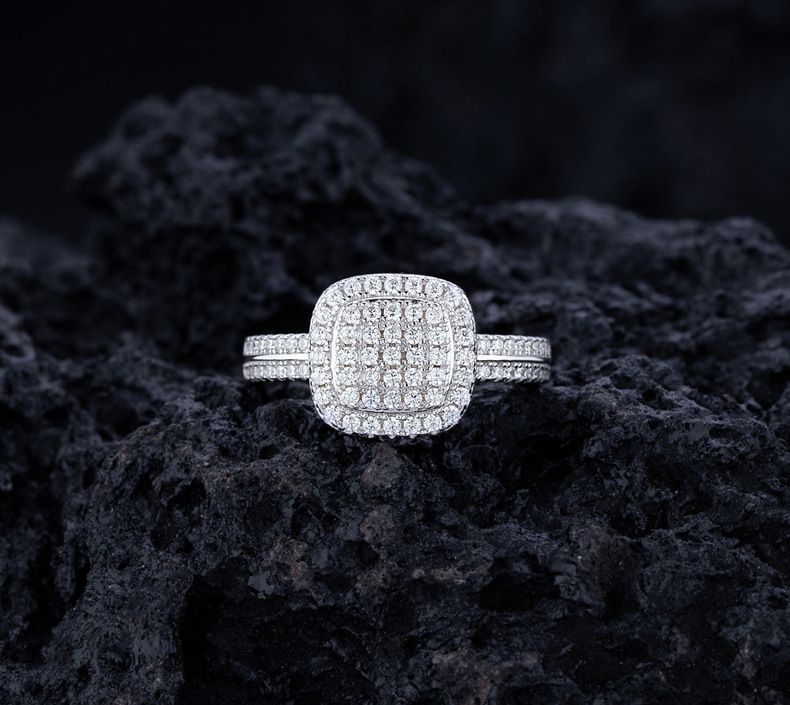 Anello quadrato grasso con diamante pieno e stella piena in argento sterling S925, gioielli di design di nicchia di fascia alta da donna_voghion.com