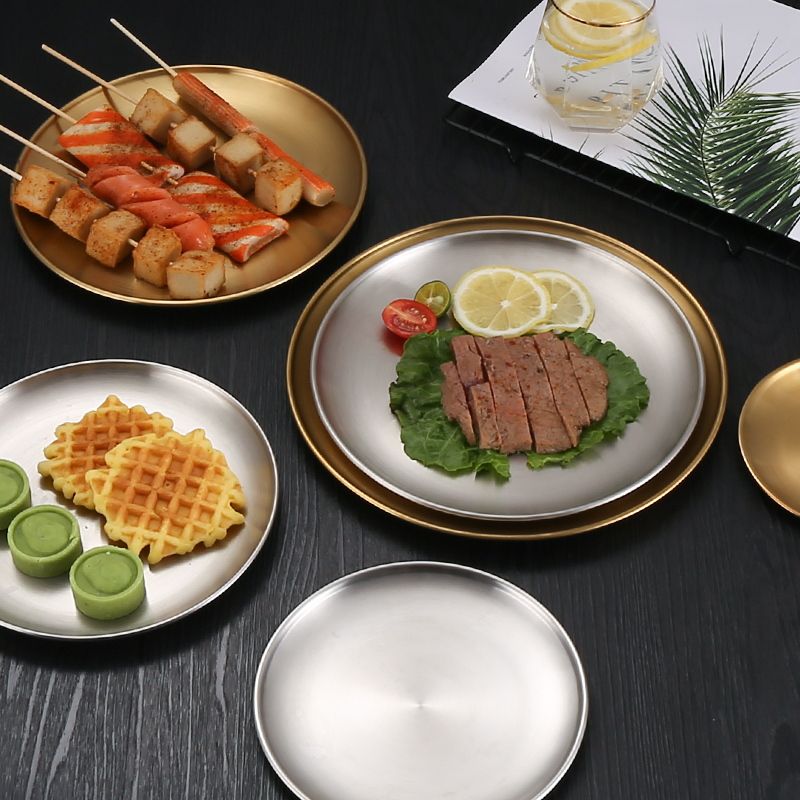 Edelstahl-Scheibengrill, Home Gold Tablett, Kuchen, Obst, flacher Teller, Restaurant Knochenspritzer Teller_voghion.com