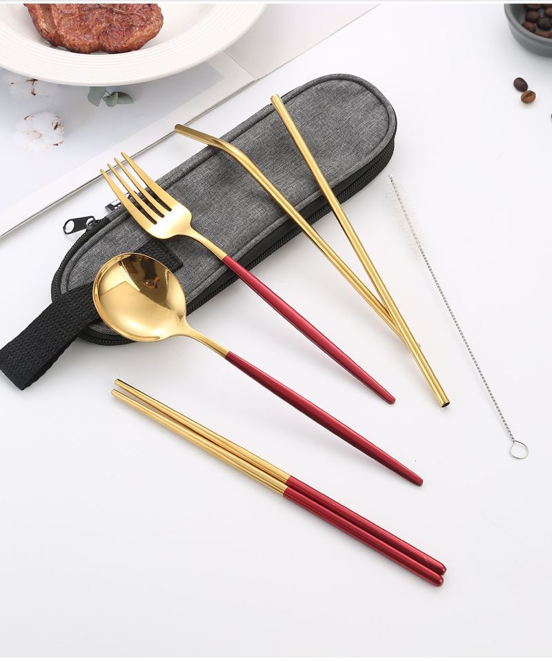 7-teiliges Reisebesteckset aus Edelstahl mit faltbarem Löffel, Gabel, Essstäbchen und Strohhalm – nordisch-minimalistisches Design für Camping, Büro und Geschenke_voghion.com