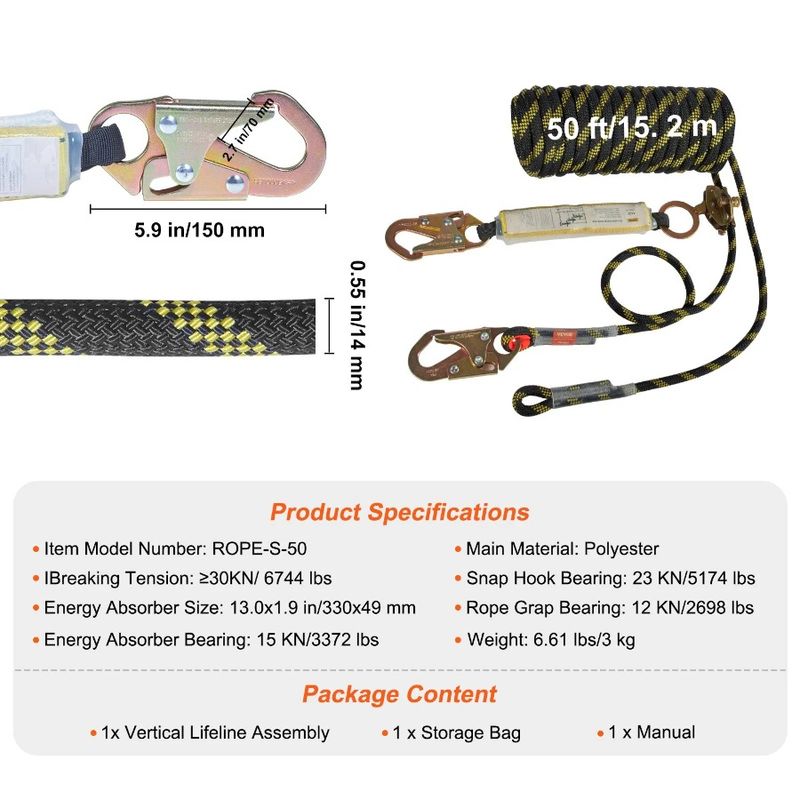 Sna Fall Tension Vertical 50' 30 Polyester X Assembly Protection KN Roofing With 0.55'' Rope Breaking Rope Lifeline With Steel_voghion.com