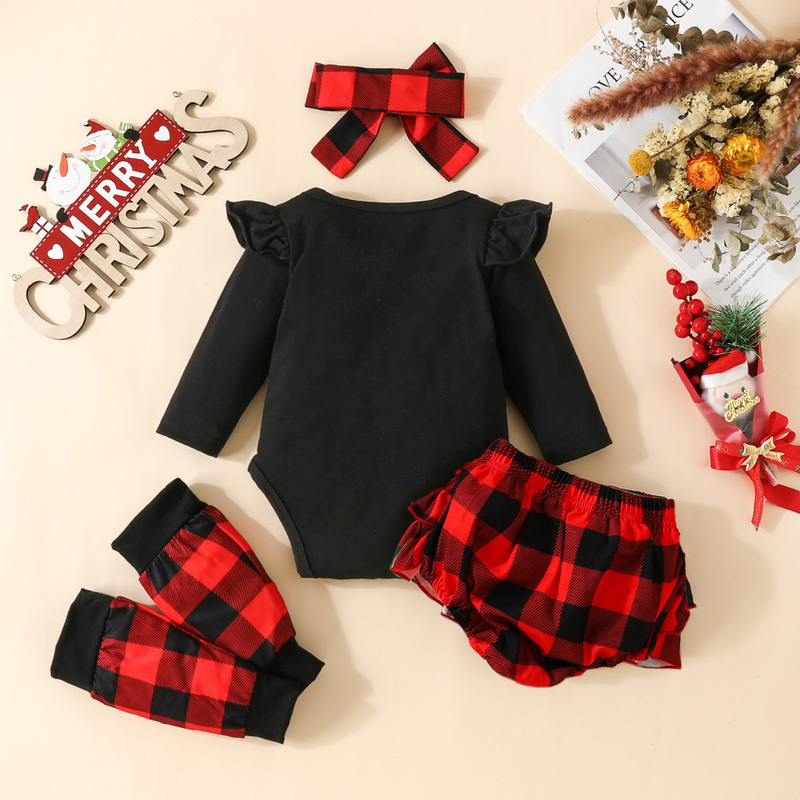 Set natalizio in quattro pezzi per bambino natalizio Abito a triangolo con testa di cervo a maniche lunghe + pantaloncini scozzesi + set di pantaloni + foulard_voghion.com