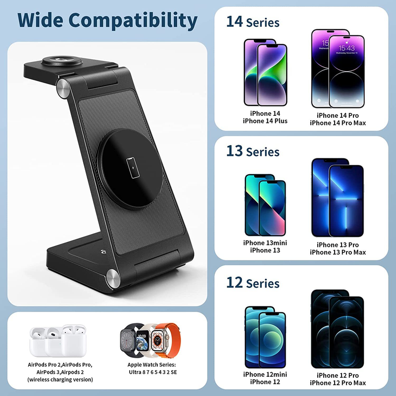 New Vertical Folding Magnetic Three In One Wireless Charger Suitable For 14 Phone Earphones, Watch Charging 15W_voghion.com