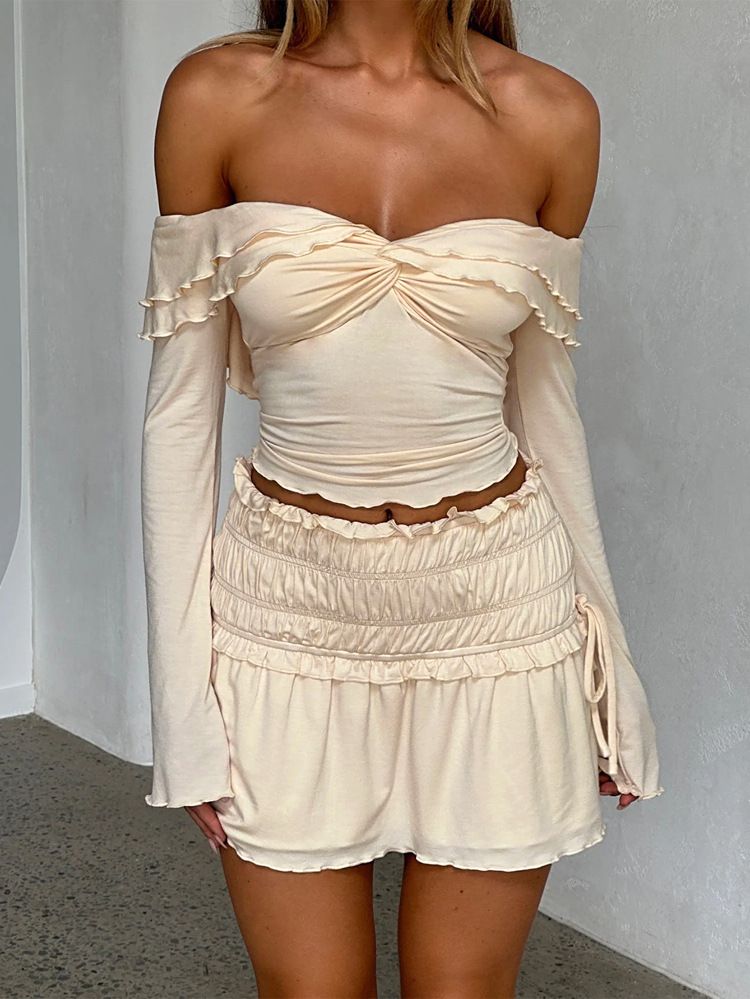 Top in maglia a maniche lunghe con una spalla per donna, in misto viscosa morbida ed elasticizzata, elegante camicetta con spalle scoperte e maniche arricciate, abbigliamento casual da ufficio S/M/_voghion.com