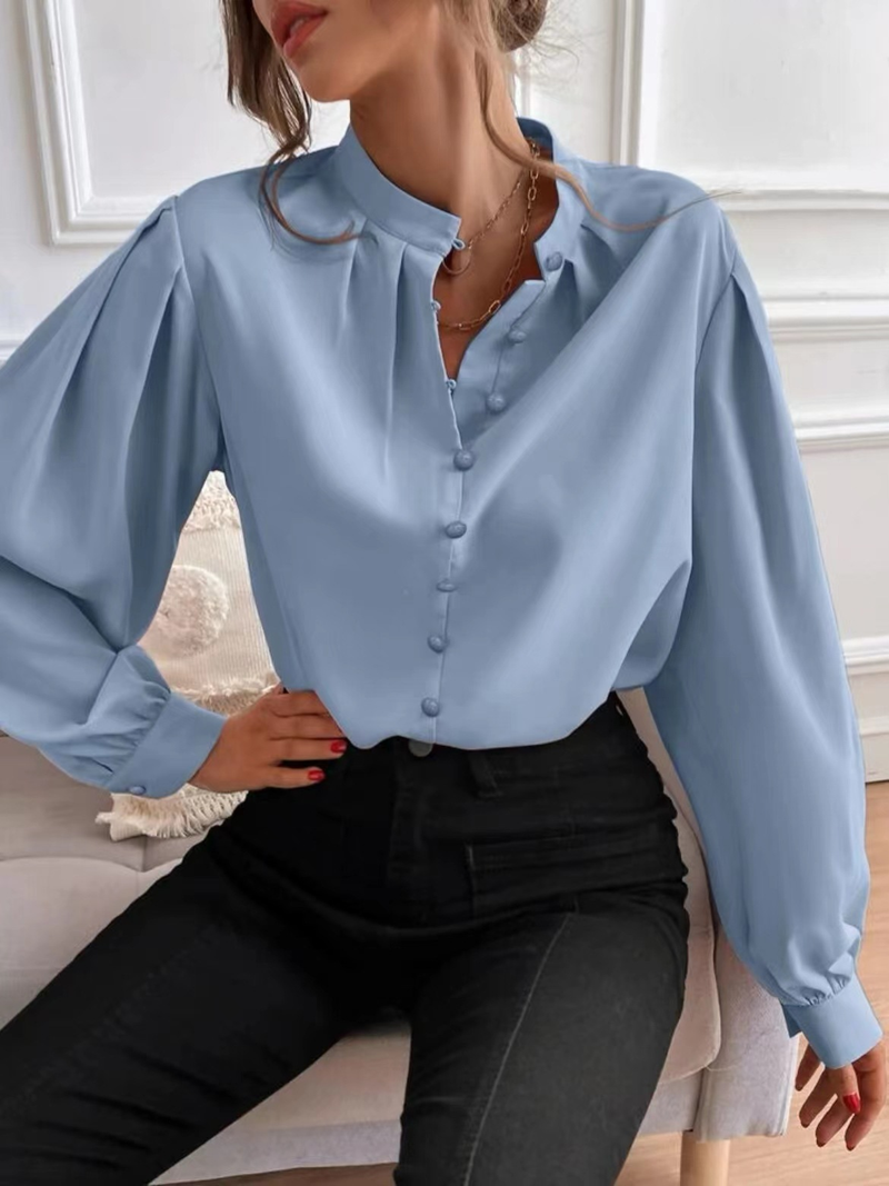 Women's Shirts Solid Color Lapel Long Sleeve Single-row Button Loose Women's Top_voghion.com